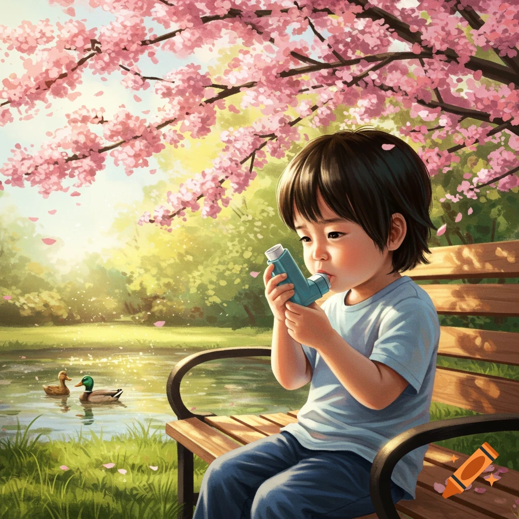 A young Asian boy sits on a park bench under cherry blossoms, using an inhaler, with ducks in a pond nearby.
