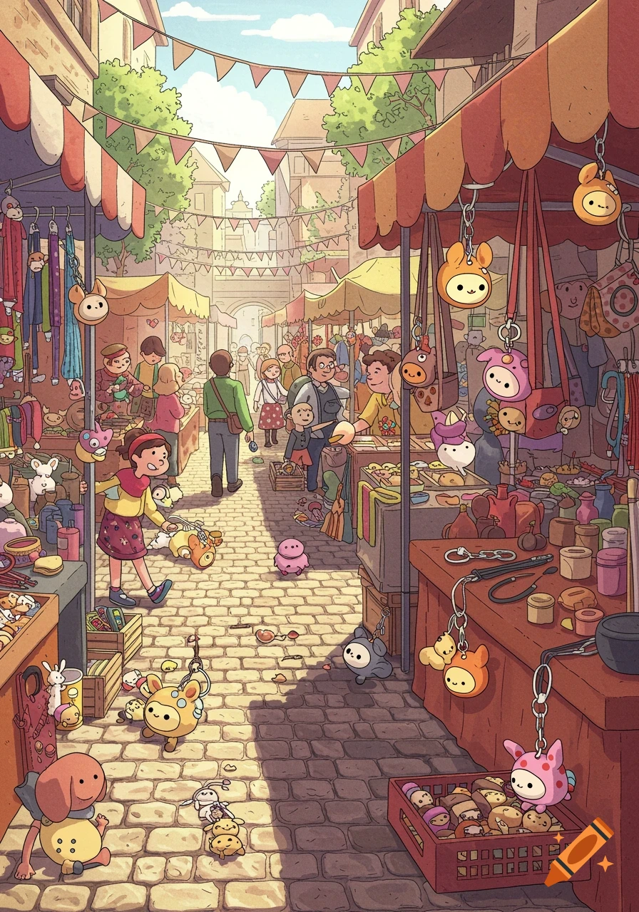 A vibrant, cartoon-style market scene bustling with people and colorful stalls, featuring many cute, character keychains scattered throughout.