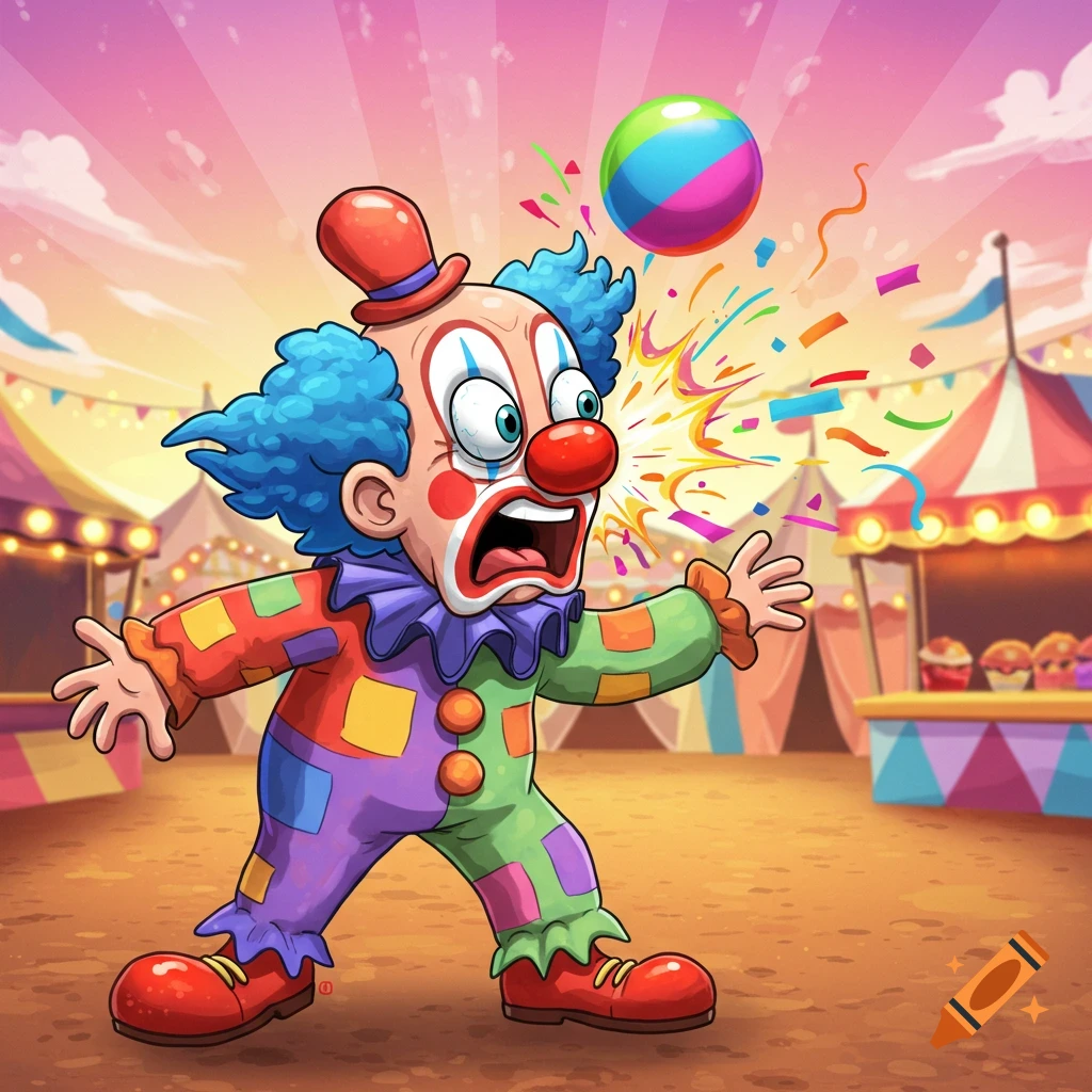 A cartoon clown with blue hair and a red nose reacting in shock as a striped ball hits his face, causing confetti to explode at a circus.