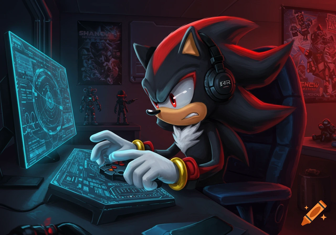 Shadow the Hedgehog intensely plays video games at a computer desk, wearing headphones in a dark, red-lit room with posters.