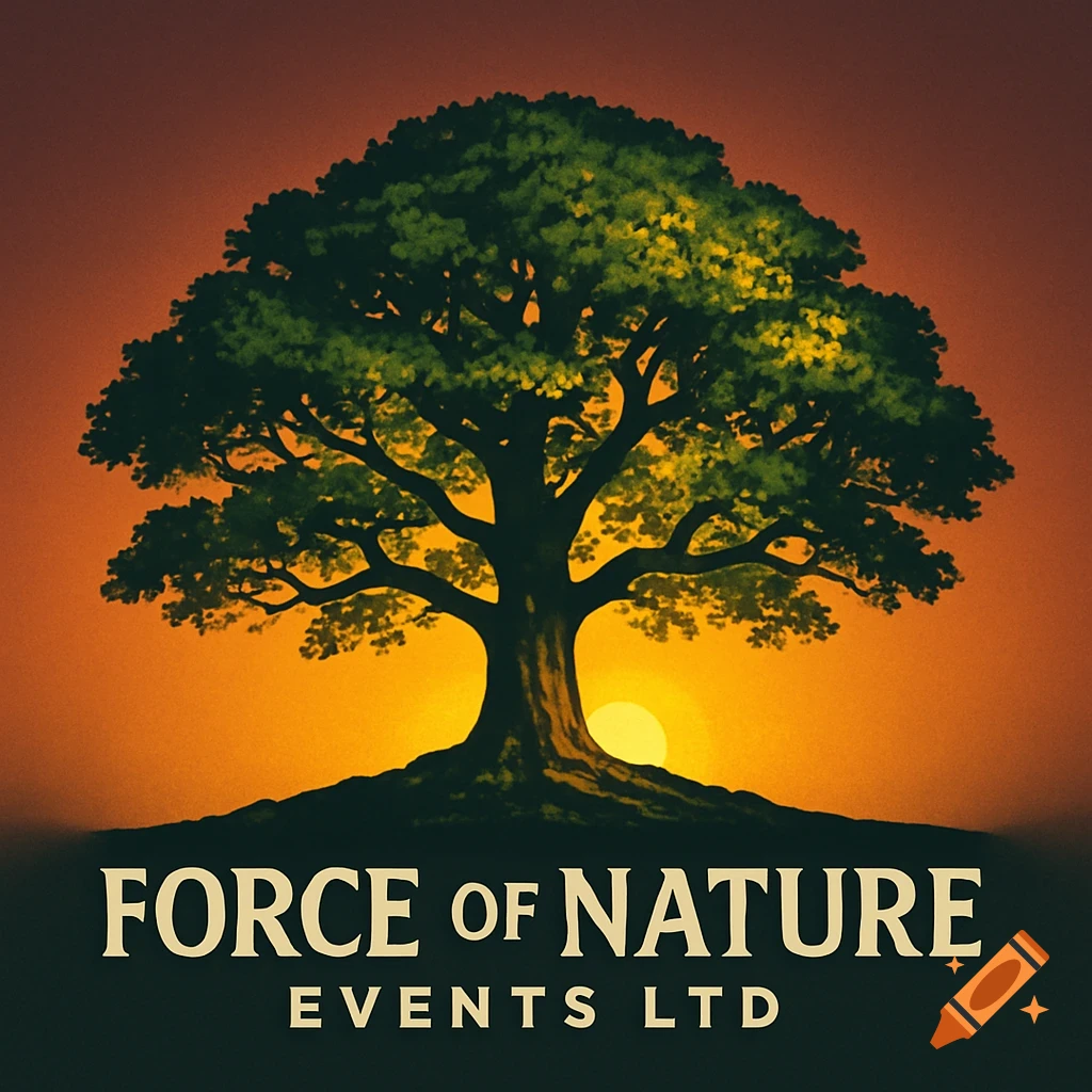A large tree silhouetted against an orange and yellow sunset, with the text "FORCE OF NATURE EVENTS LTD" below, in a logo illustration style.