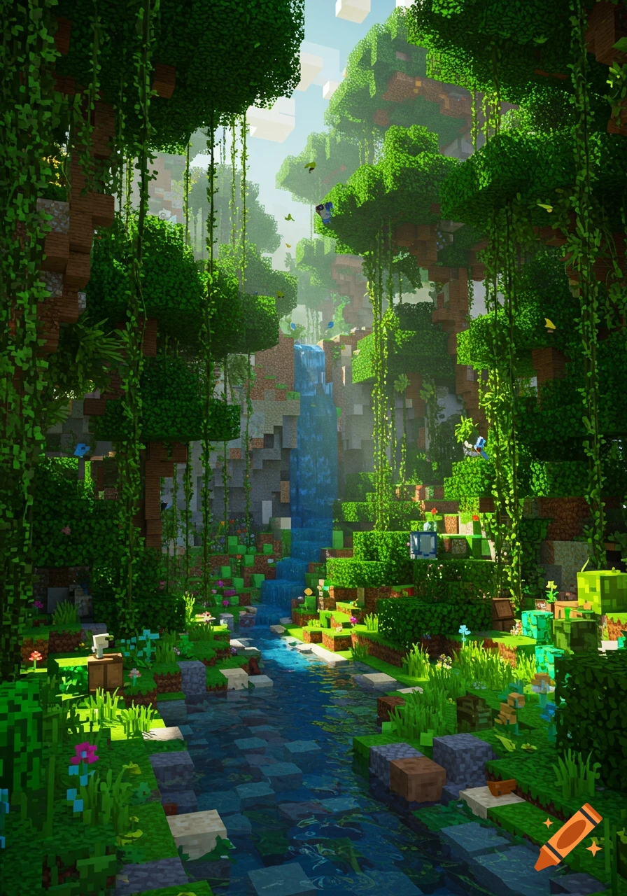 A vibrant Minecraft-style jungle biome with a towering waterfall, winding river, and lush blocky foliage.