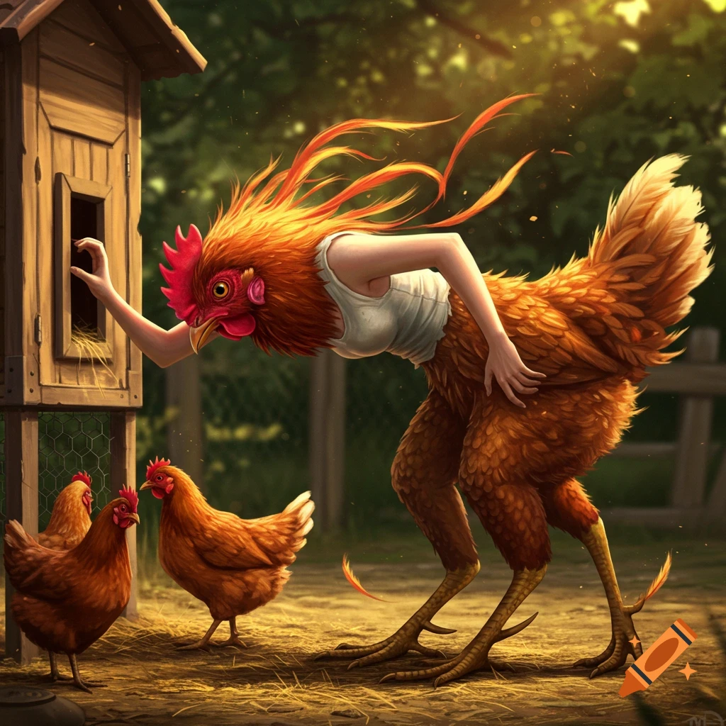 A human-chicken hybrid creature with a chicken head, human arms and torso in a tank top, and chicken legs, bends to reach into a chicken coop. Other chickens stand nearby in a sunny, rural setting.