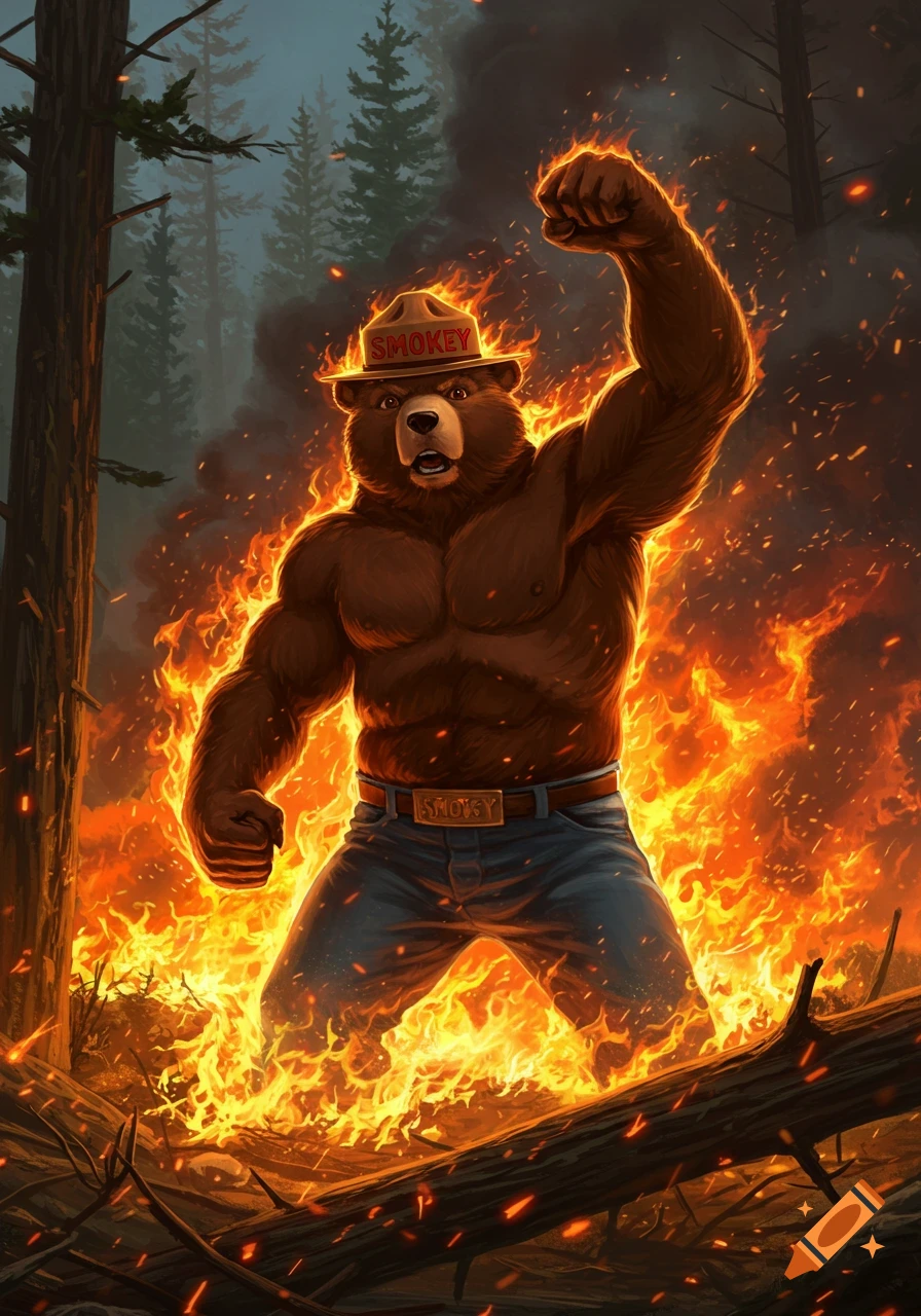 Muscular Smokey Bear standing amidst a raging forest fire with a raised fist, looking determined.