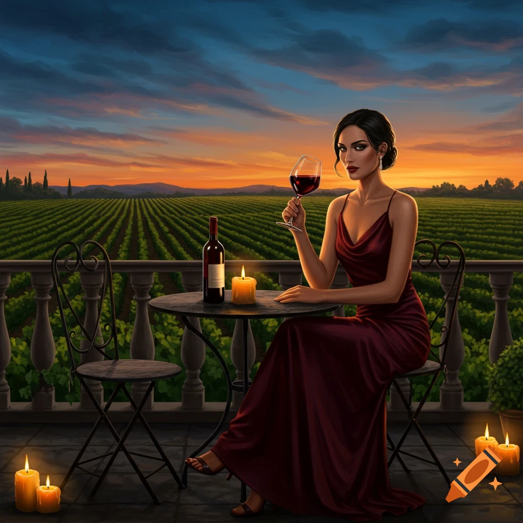 A woman in a red dress sits at a table with wine and candles on a balcony overlooking a vineyard at sunset.