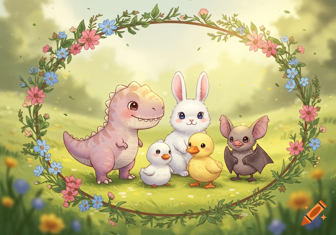 A cute, cartoon-style illustration of a purple T-rex, white bunny, two ducklings, and a bat surrounded by a floral wreath.