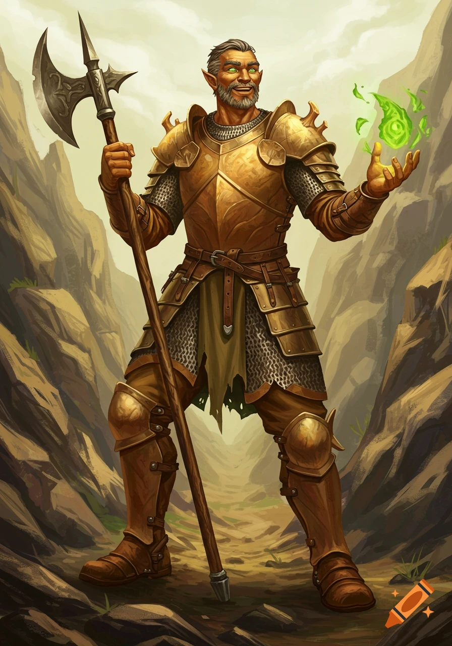 A joyful male earth genasi warrior in gold armor holds a halberd and casts a green spell in a rocky canyon, digital painting.
