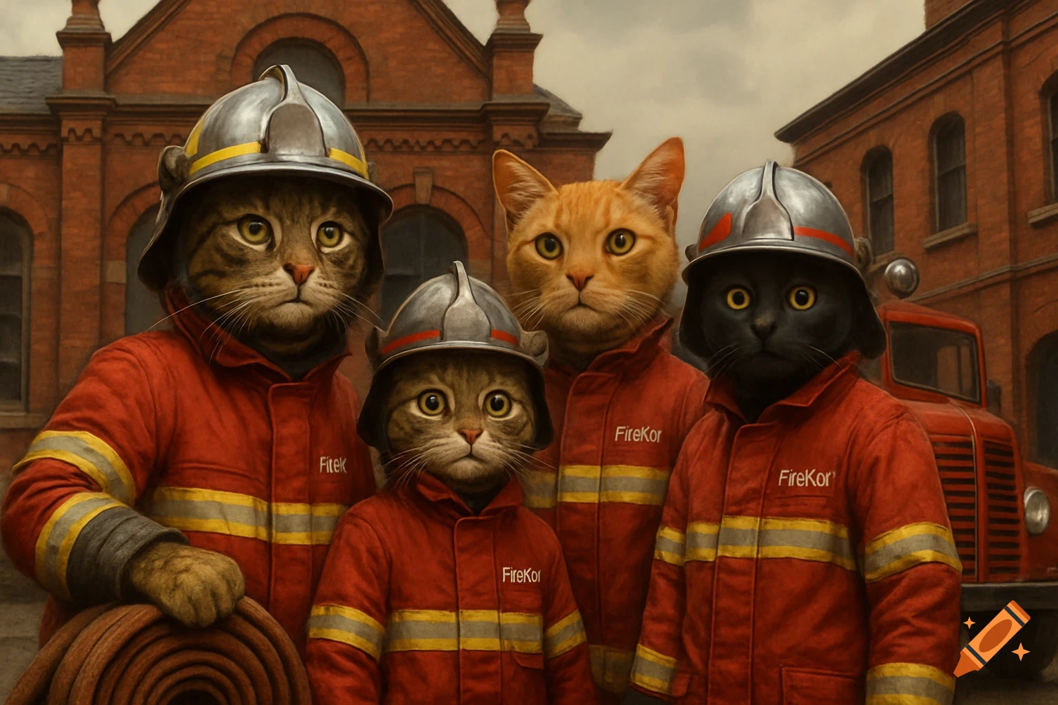 Four anthropomorphic cats in red firefighter gear and helmets stand in front of a brick building with a fire truck.