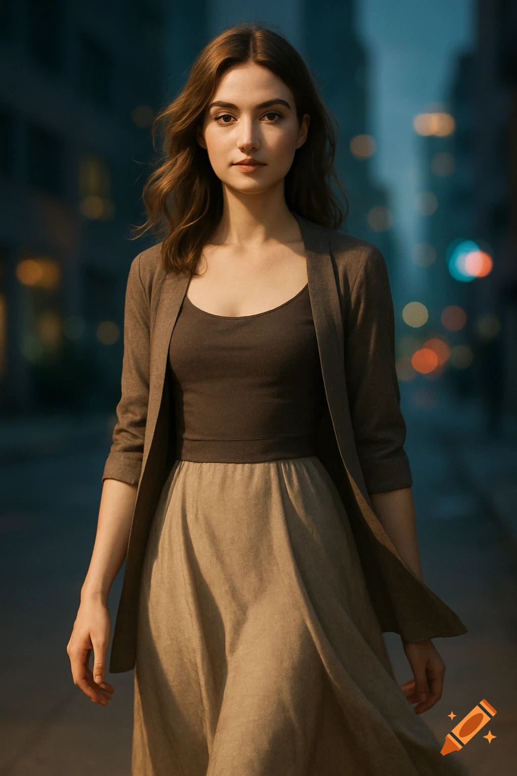A photorealistic portrait of a young woman with long brown hair, wearing a brown top and tan skirt, standing in a blurred city street at dusk.
