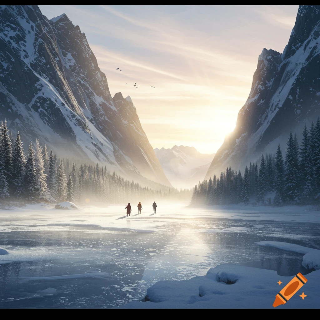 Photorealistic image of three figures walking on a frozen lake in a snow-covered mountain valley at sunrise.