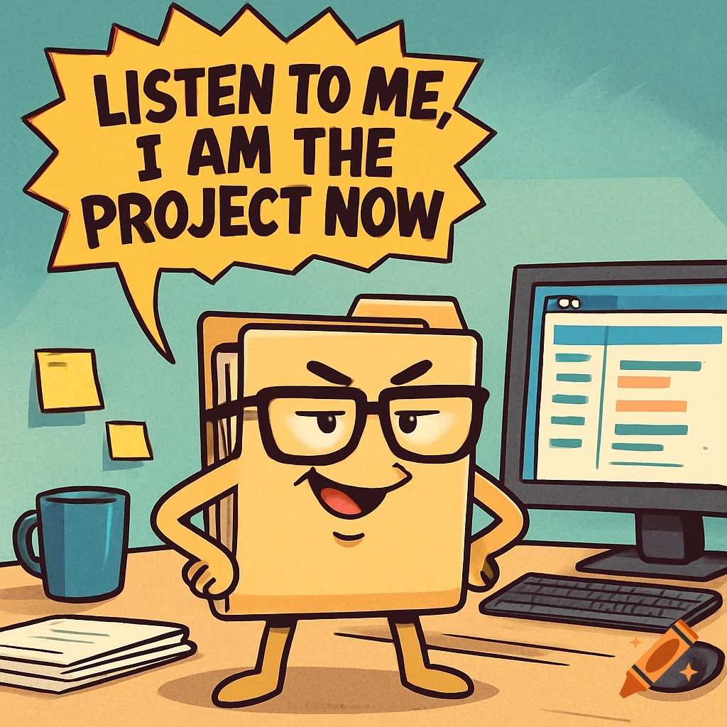 A cartoon file folder character with glasses stands on an office desk with a speech bubble saying "LISTEN TO ME, I AM THE PROJECT NOW."