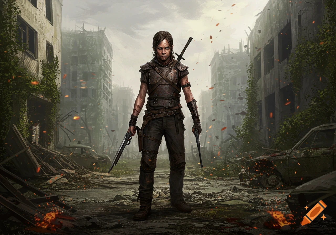 Female survivor in armor holding two guns and a sword stands in a ruined, post-apocalyptic city.