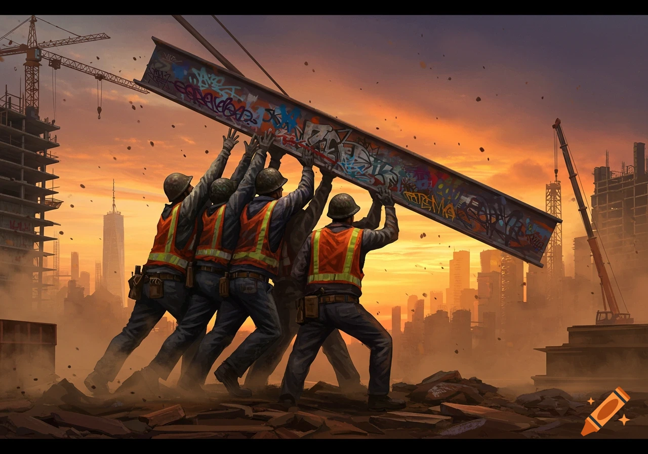 An illustration of several construction workers wearing high-visibility vests lifting a large metal beam with graffiti, set against a city skyline at sunset.