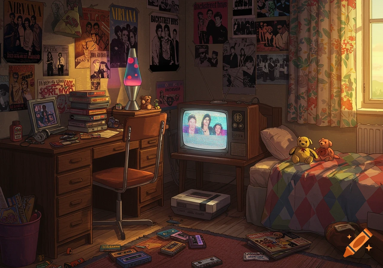 A cluttered 90s bedroom with band posters, a lava lamp, a CRT TV, a desk, and cassette tapes on the floor.