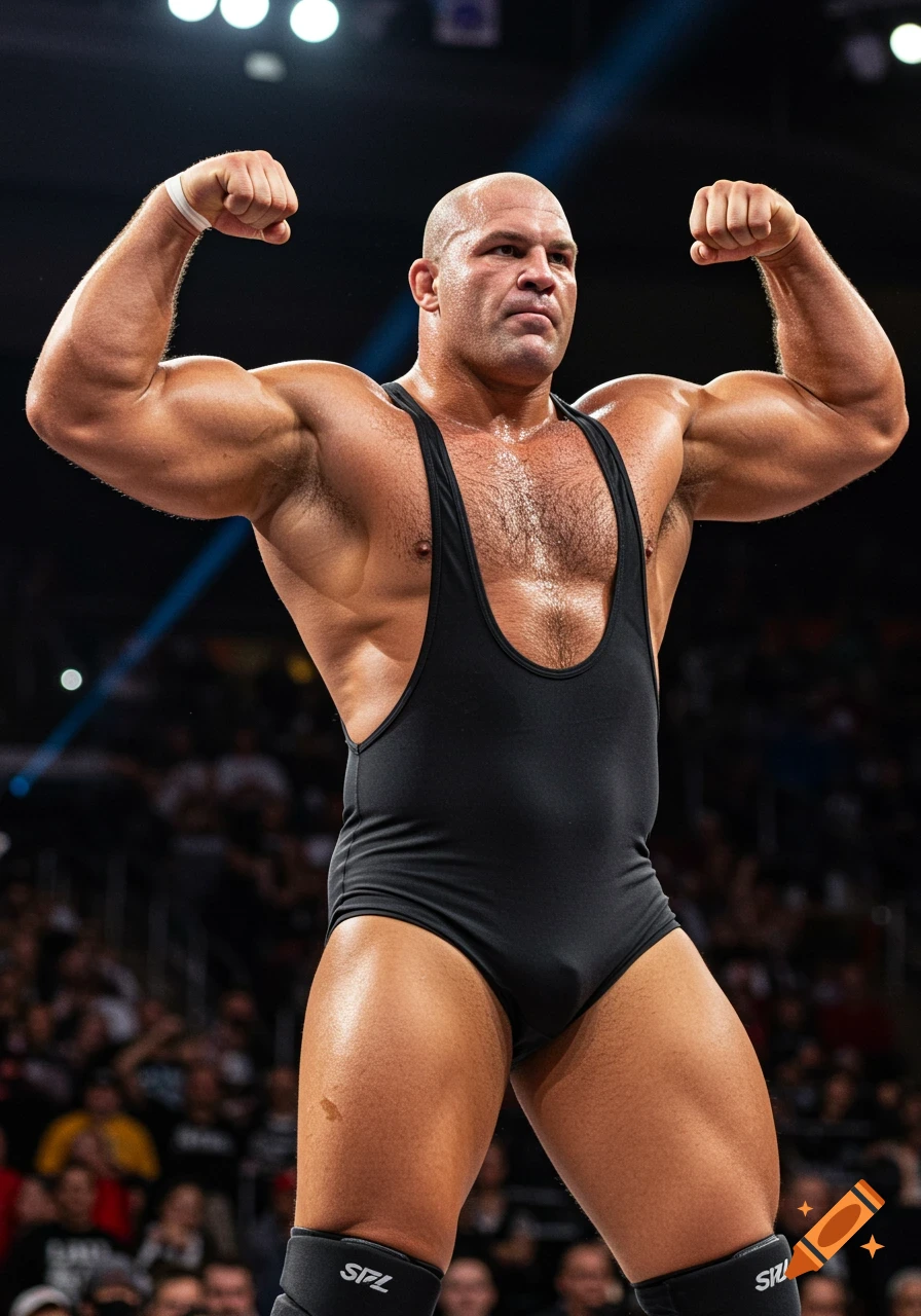A muscular, bald wrestler in a black singlet flexing his biceps on a wrestling stage.