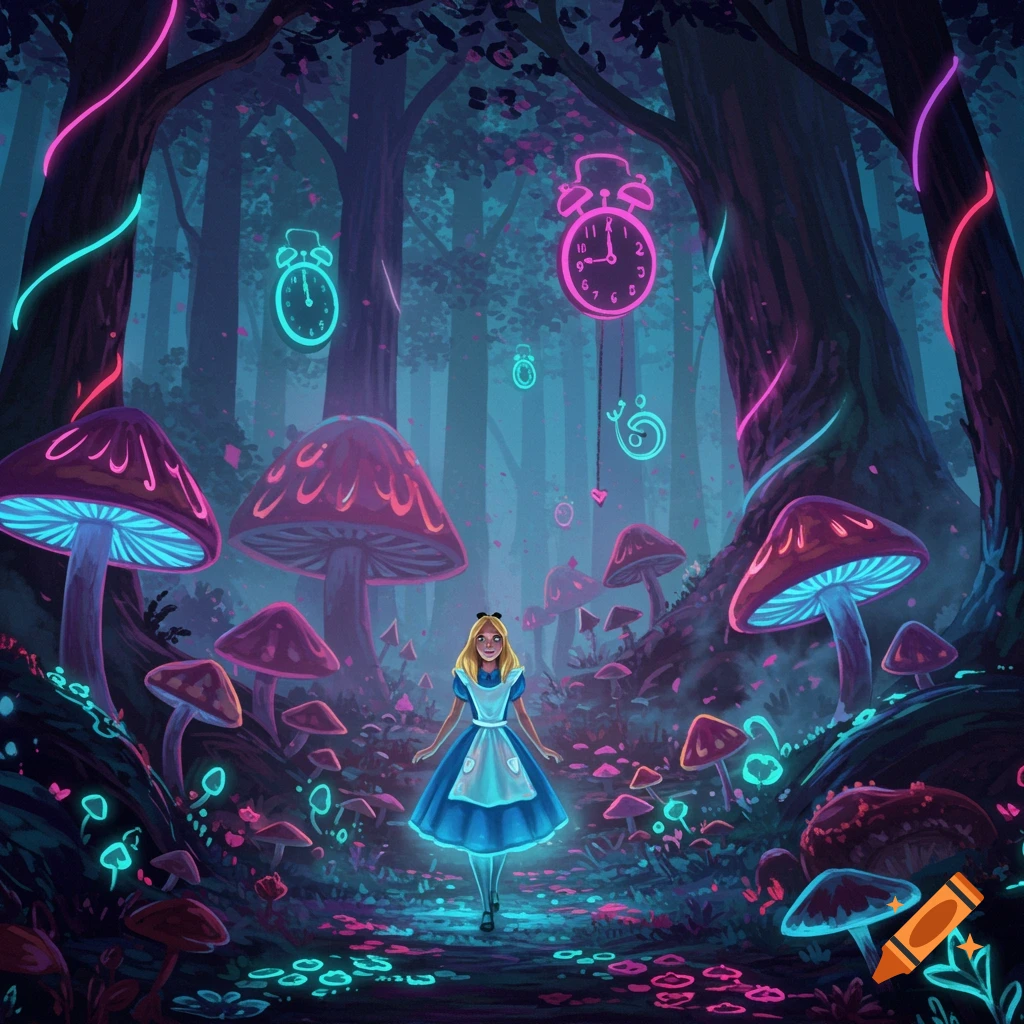 Alice in a blue dress stands in a dark, neon-lit forest with glowing pink and blue mushrooms and floating alarm clocks, in an illustrative style.