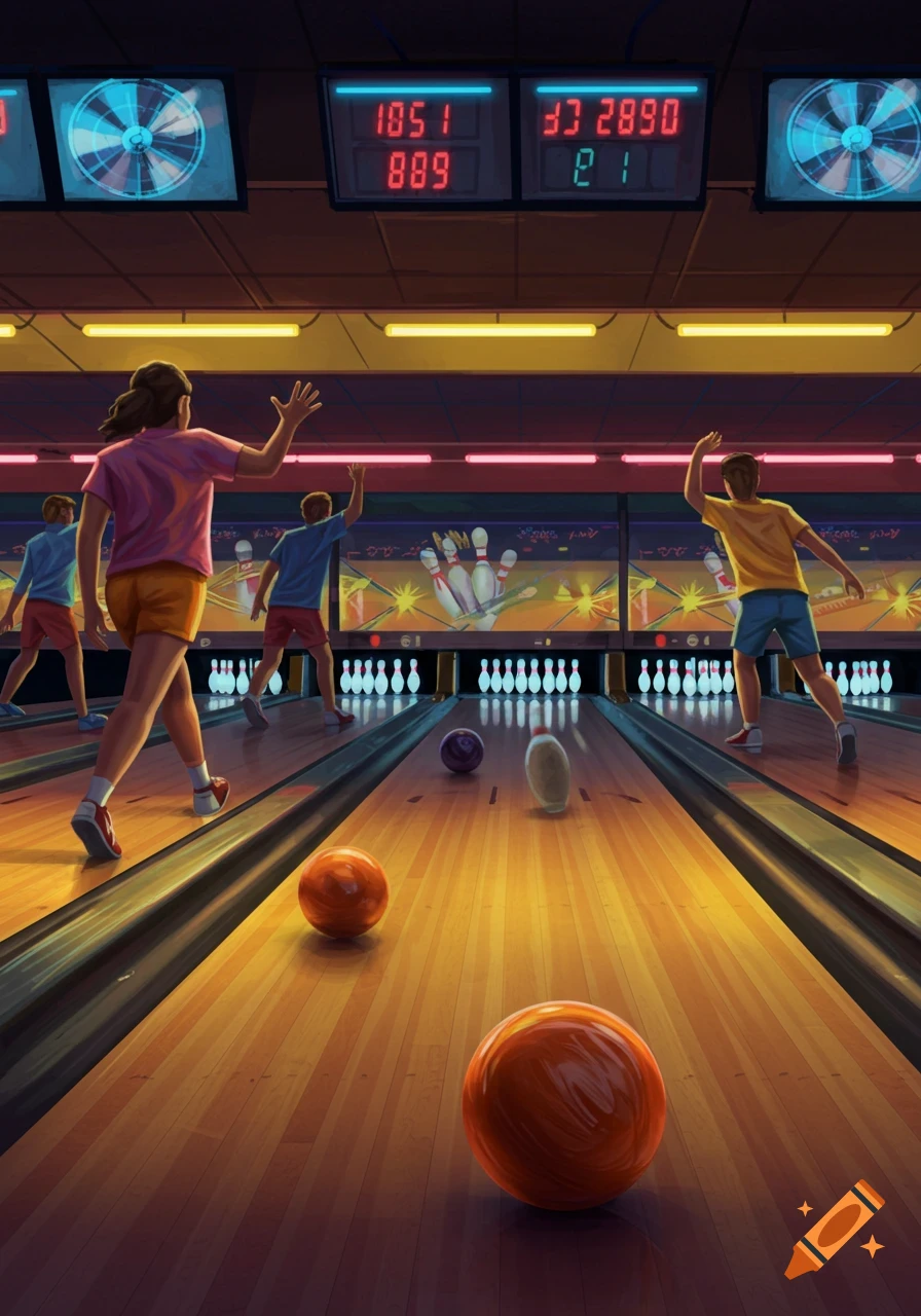 A vibrant illustration shows four people bowling in a lively alley, with bowling balls and pins visible on the lanes.