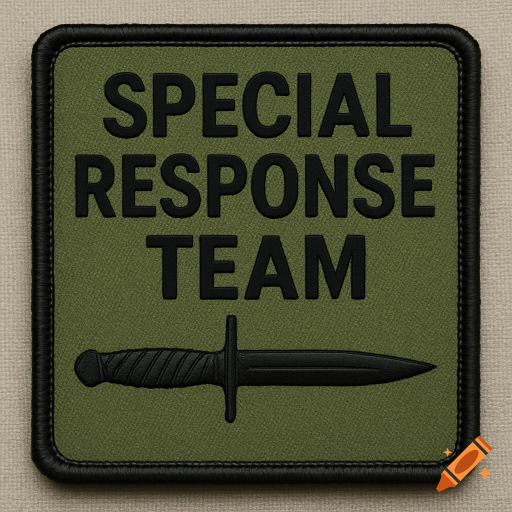 An OD green tactical patch with black embossed text 'SPECIAL RESPONSE TEAM' and a black dagger below.