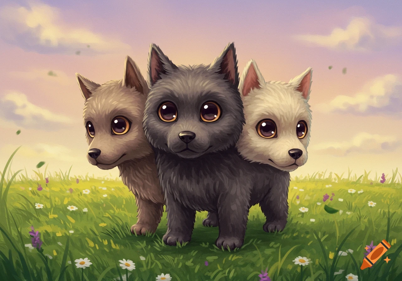 Three cute cartoon puppies, one tan, one dark grey, and one white, stand in a green field with small flowers under a soft, cloudy sky.