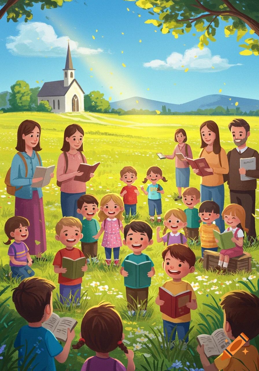 Cheerful children and adults read books in a sunny field with a church in the background, depicted in a bright, illustrative style.