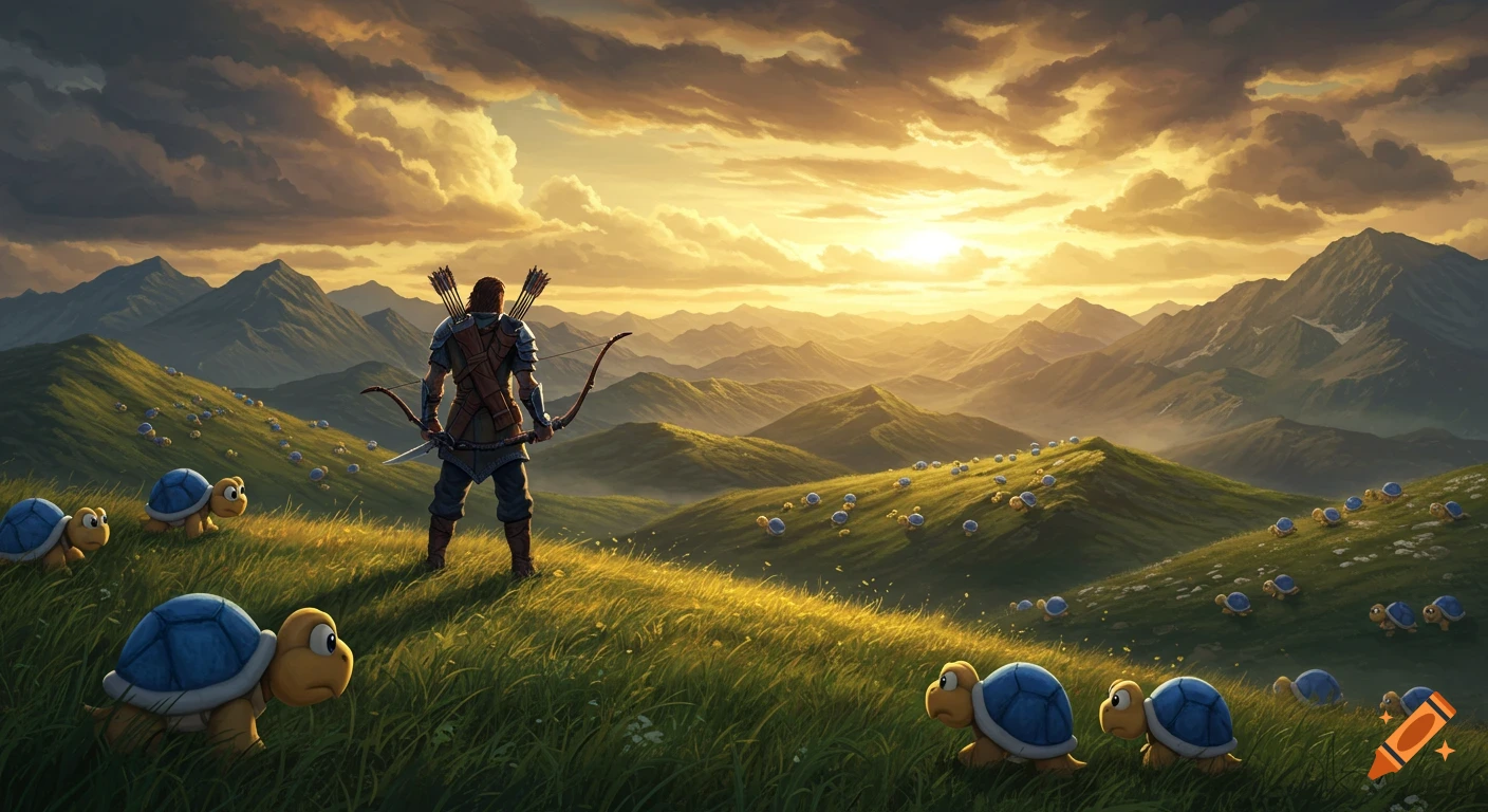 A fantasy hero stands on a grassy hill, overlooking a vast mountain range at sunset, surrounded by many blue-shelled turtle monsters.