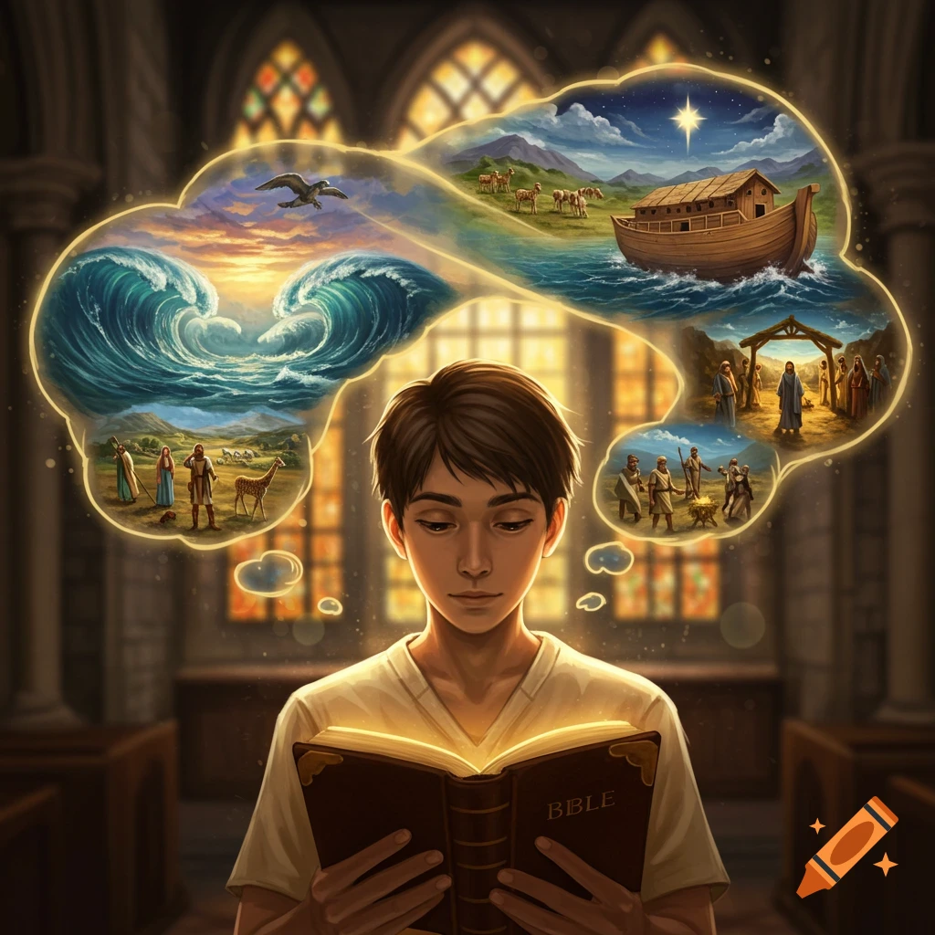 A young person reads a glowing Bible, with thought bubbles above their head showing illustrated scenes of the Great Flood, Noah's Ark, creation, and the Nativity.