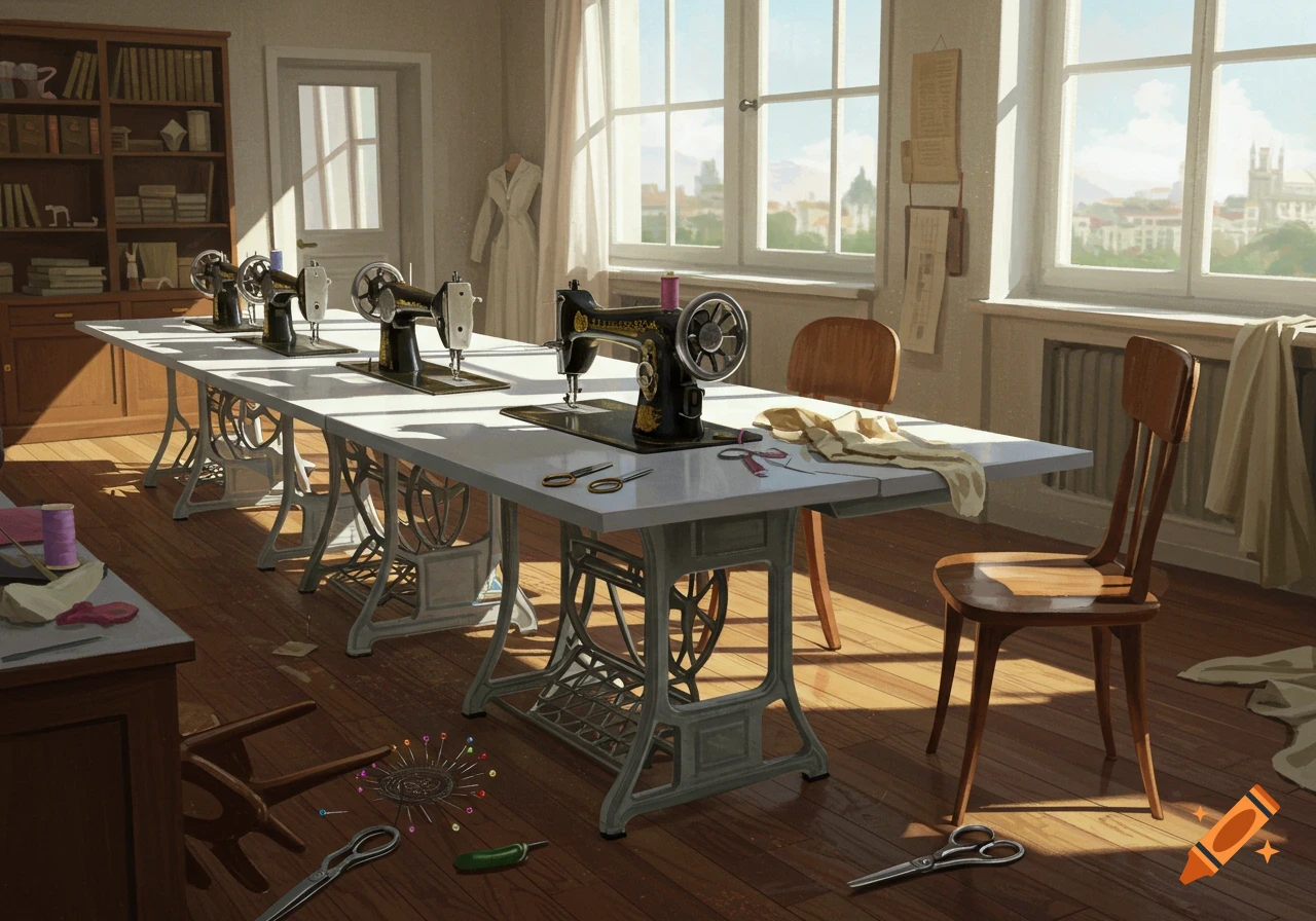 A sunlit sewing classroom with four antique sewing machines on a long white table, a fallen chair, and scattered pins and scissors on the wooden floor.