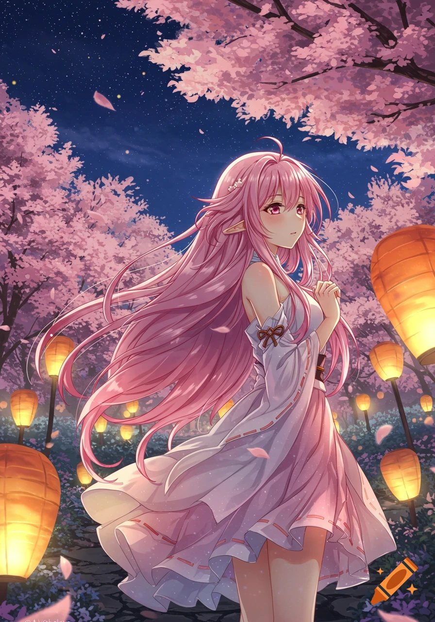 Anime girl with long pink hair and elf ears under cherry blossom trees at night with glowing lanterns.