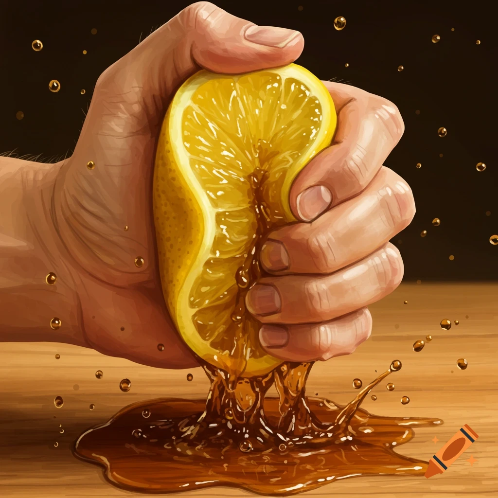 A human hand squeezing a yellow lemon, causing brown juice to splash onto a wooden surface. Illustration.