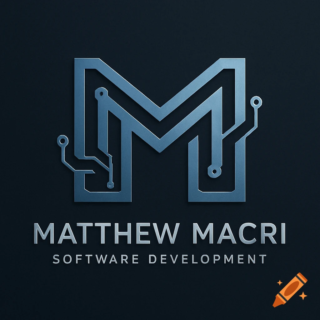 A sleek blue metallic logo featuring an uppercase M stylized with circuit board lines, above the words 'MATTHEW MACRI' and 'SOFTWARE DEVELOPMENT'.