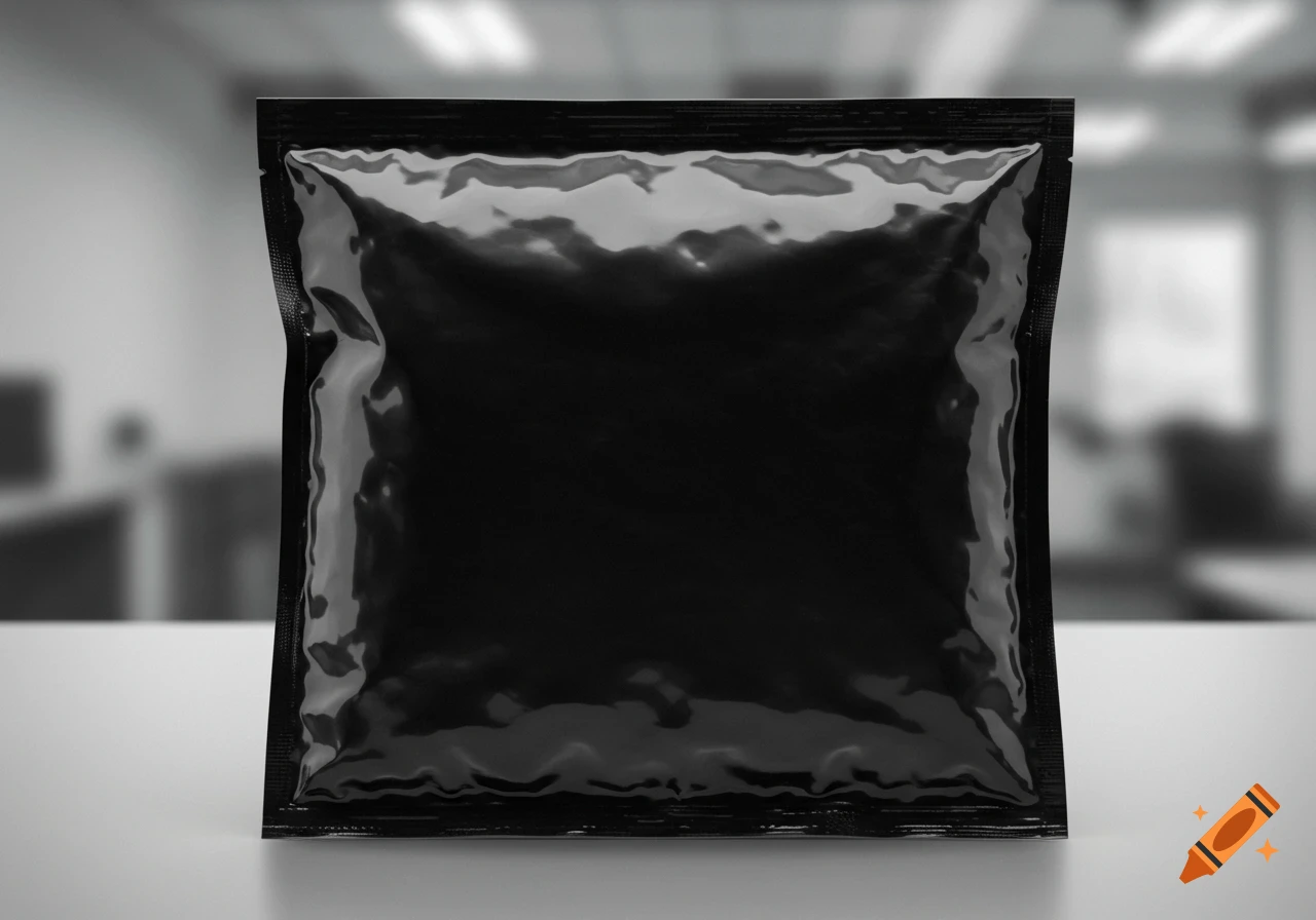 A black bubble mailer stands upright on a light surface with a blurred office background.