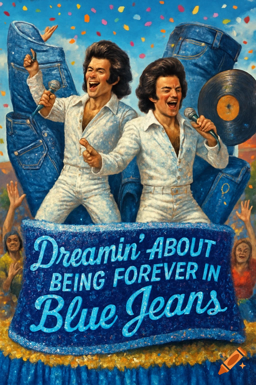Two men in white shirts with large hair sing on a blue glittery parade float with a banner saying 'Dreamin' About Being Forever In Blue Jeans'.
