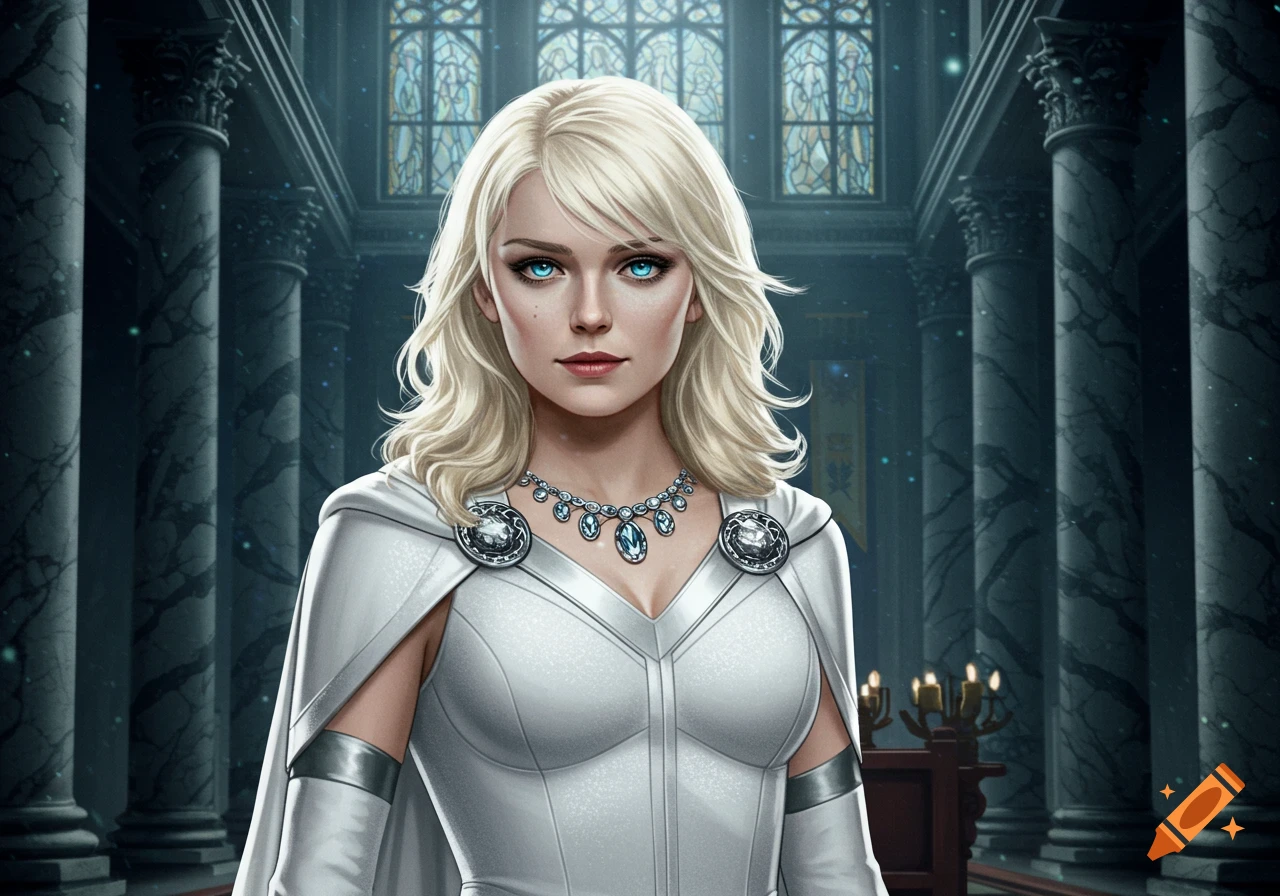 Digital illustration of a blonde woman in a white suit and cape, resembling Emma Frost, in a gothic building.