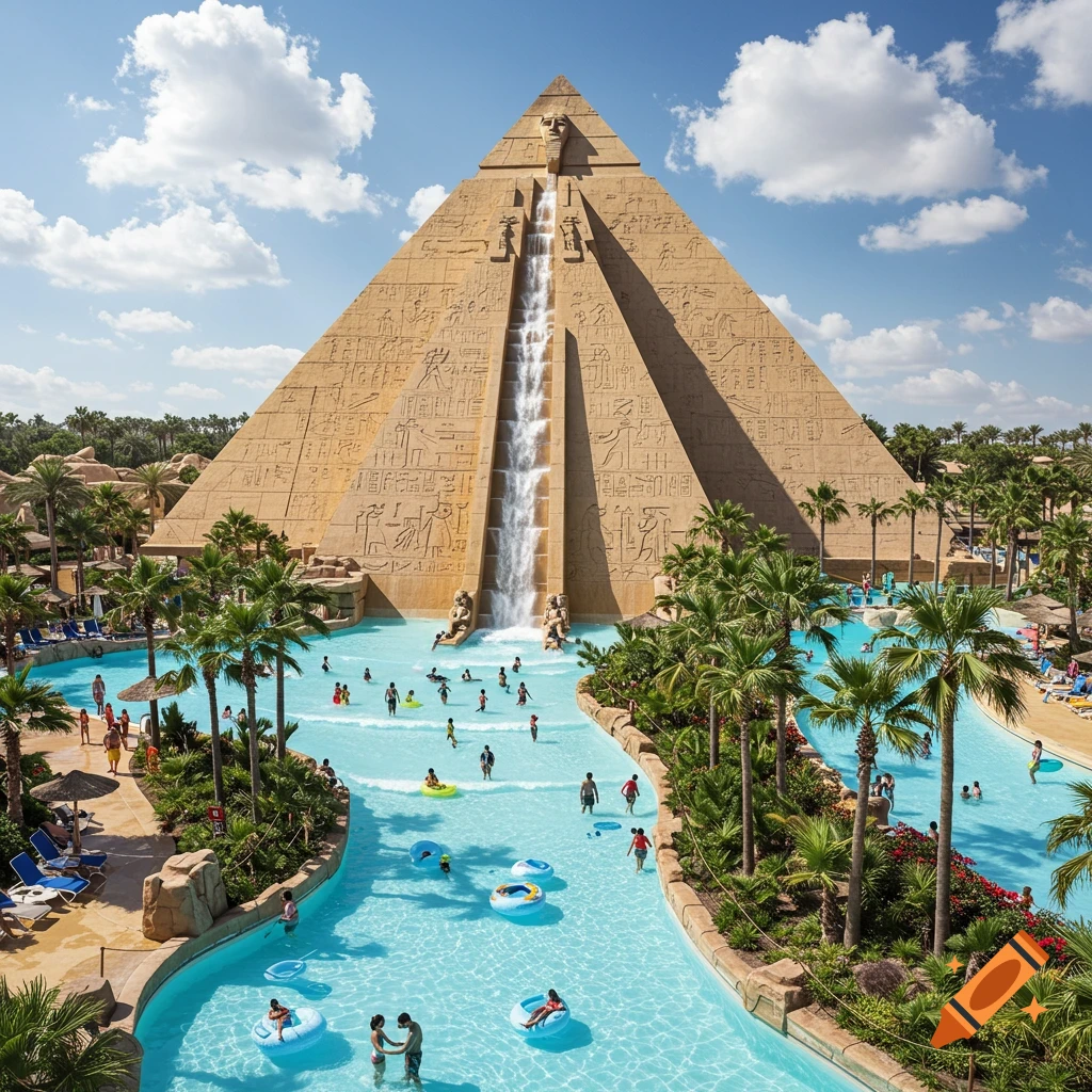 Aerial view of a water park with a large pyramid water slide, lazy river, and many people swimming and relaxing.
