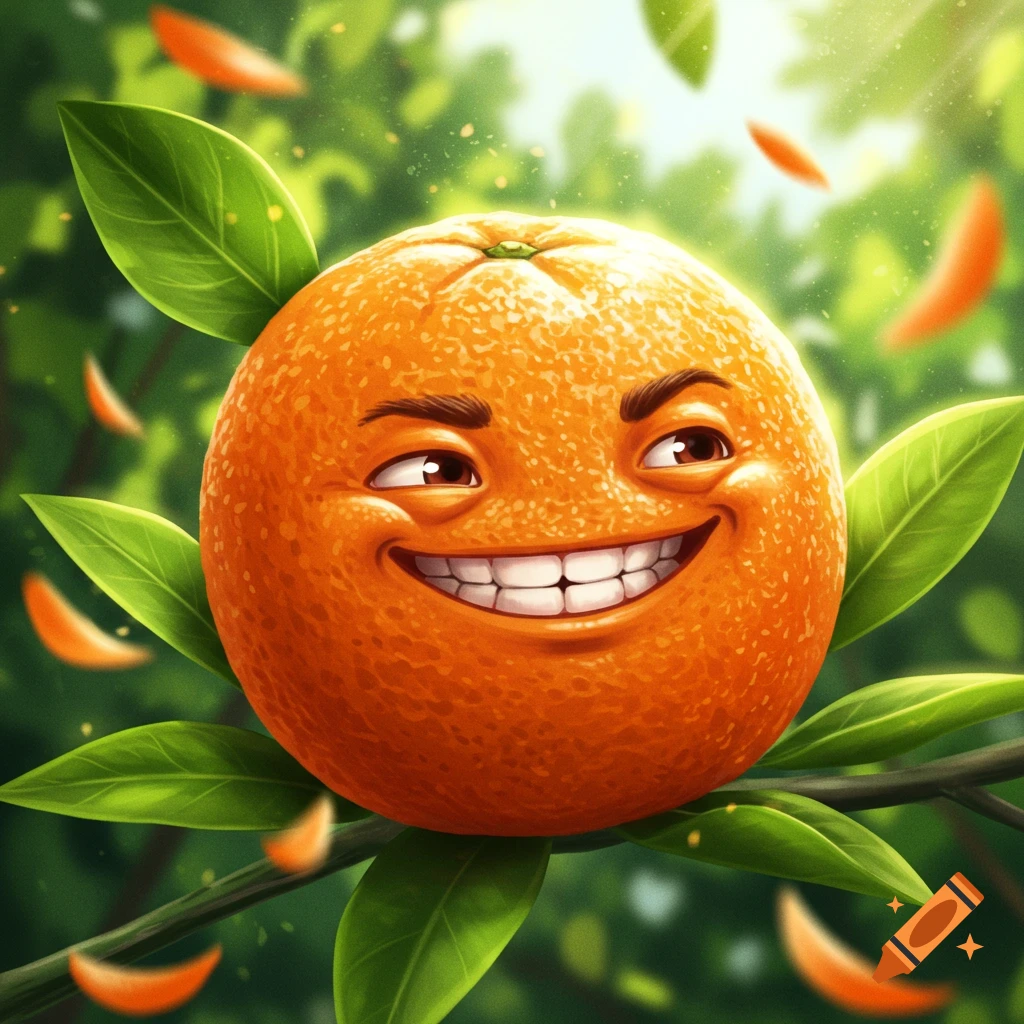 A vibrant cartoon orange with a mischievous grin and side-eyes, sitting on a leafy branch in a sunny, green setting.
