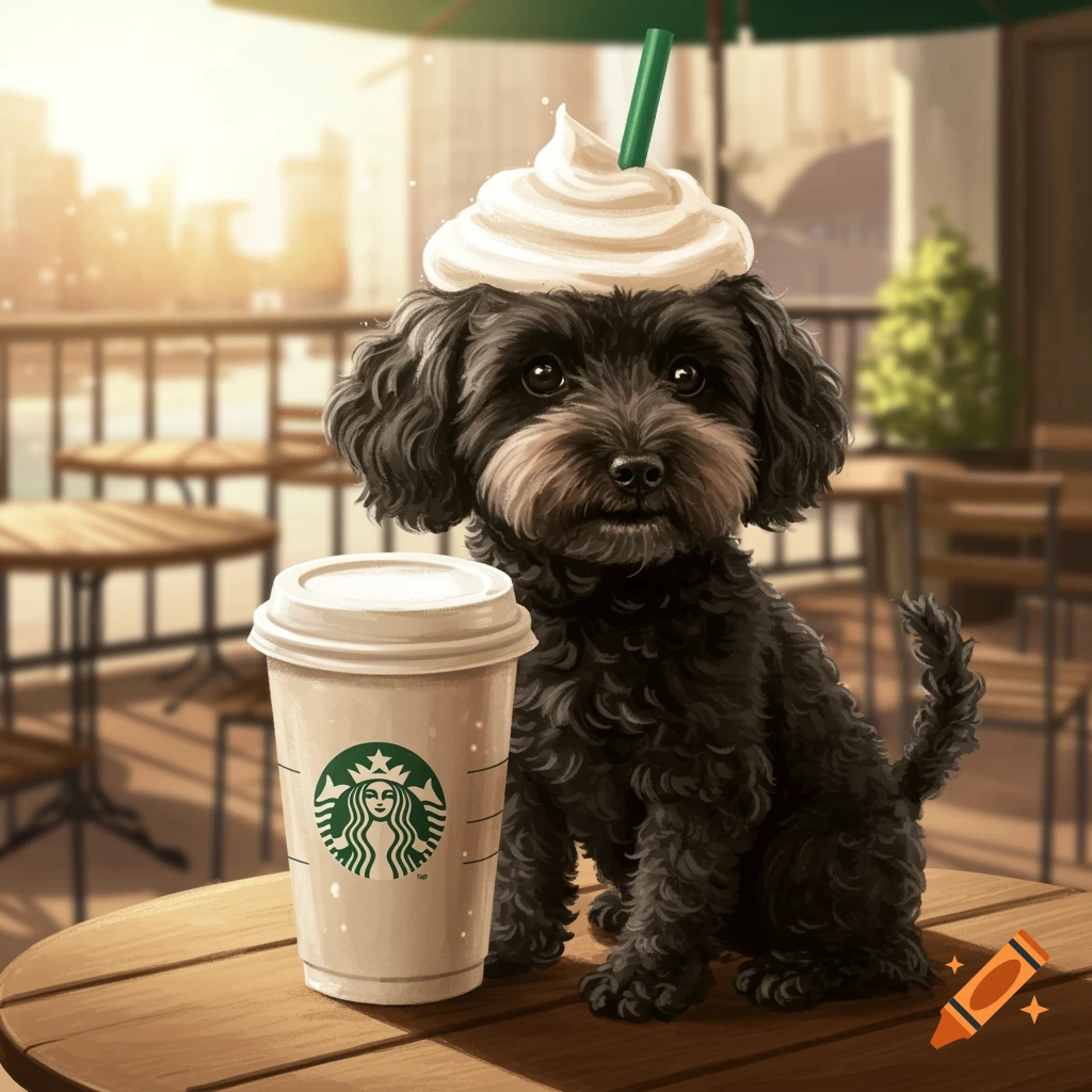 A black cockapoo with a dollop of whipped cream on its head sits on an outdoor cafe table next to a Starbucks coffee cup.