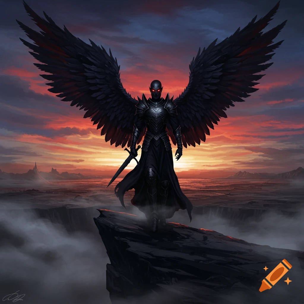 A dark fantasy art of a winged demon in black armor with glowing red eyes standing on a cliff edge against a dramatic red and orange sunset.