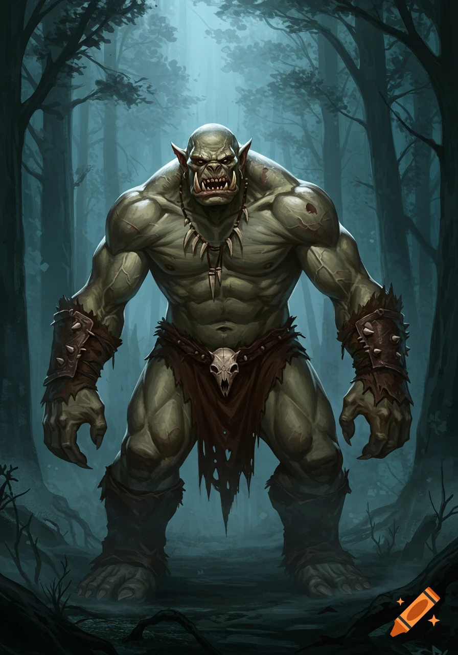 A muscular, green-skinned orc with tusks and scars stands menacingly in a dark forest, adorned with a skull and spikes.