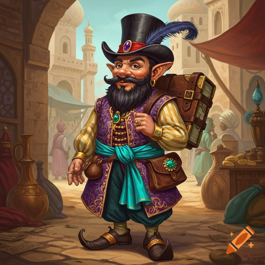 A dapper gnome merchant in a black top hat and purple and gold attire carries a large book in a vibrant Arabian market. Fantasy art illustration.