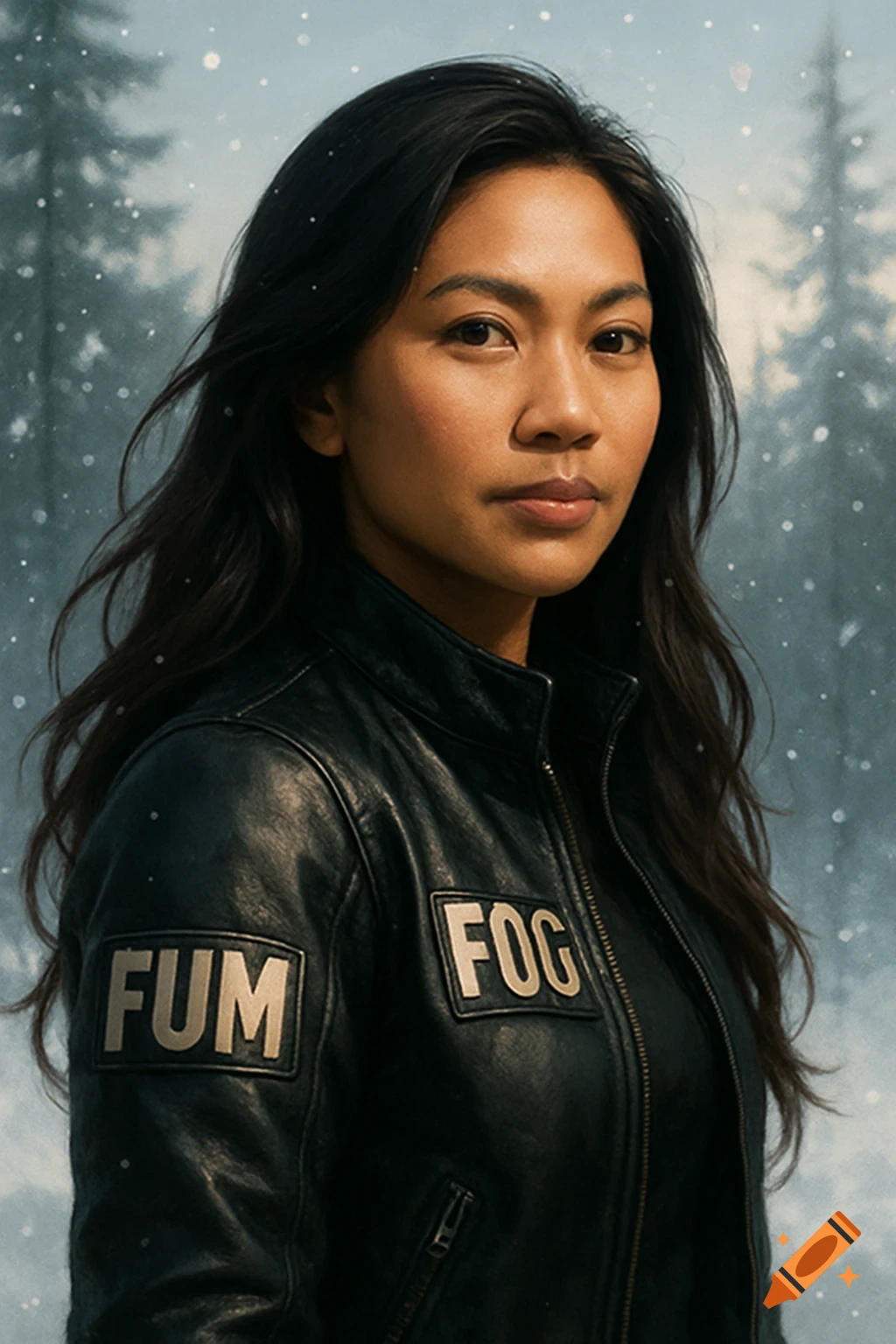 A photorealistic portrait of a young Filipino woman with long dark hair, wearing a black leather jacket with 'FUM' and 'FOG' patches, standing in a snowy winter forest.