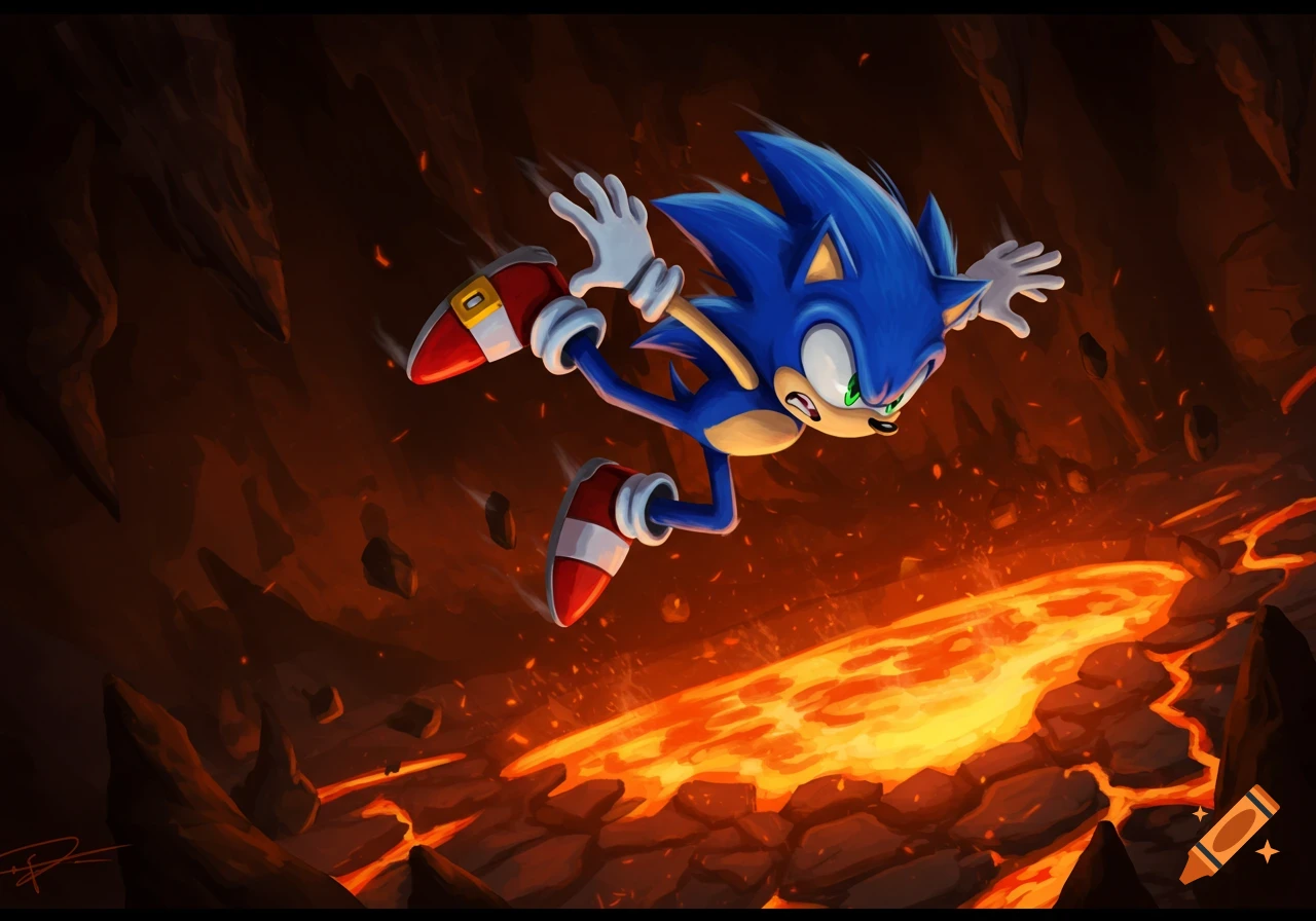 Sonic the Hedgehog falling dramatically into a fiery lava pit, against a dark, rocky background.