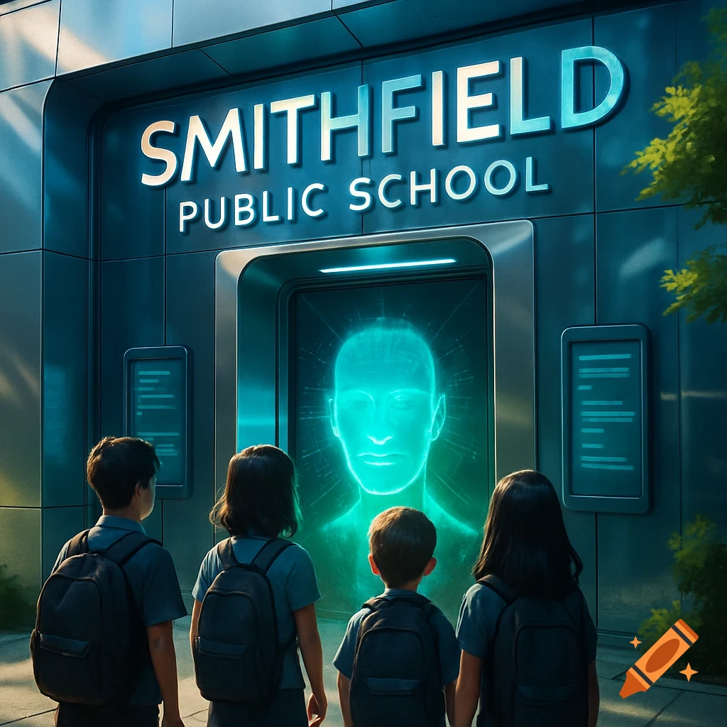 Children with backpacks face a futuristic school entrance with a glowing holographic head scanner.