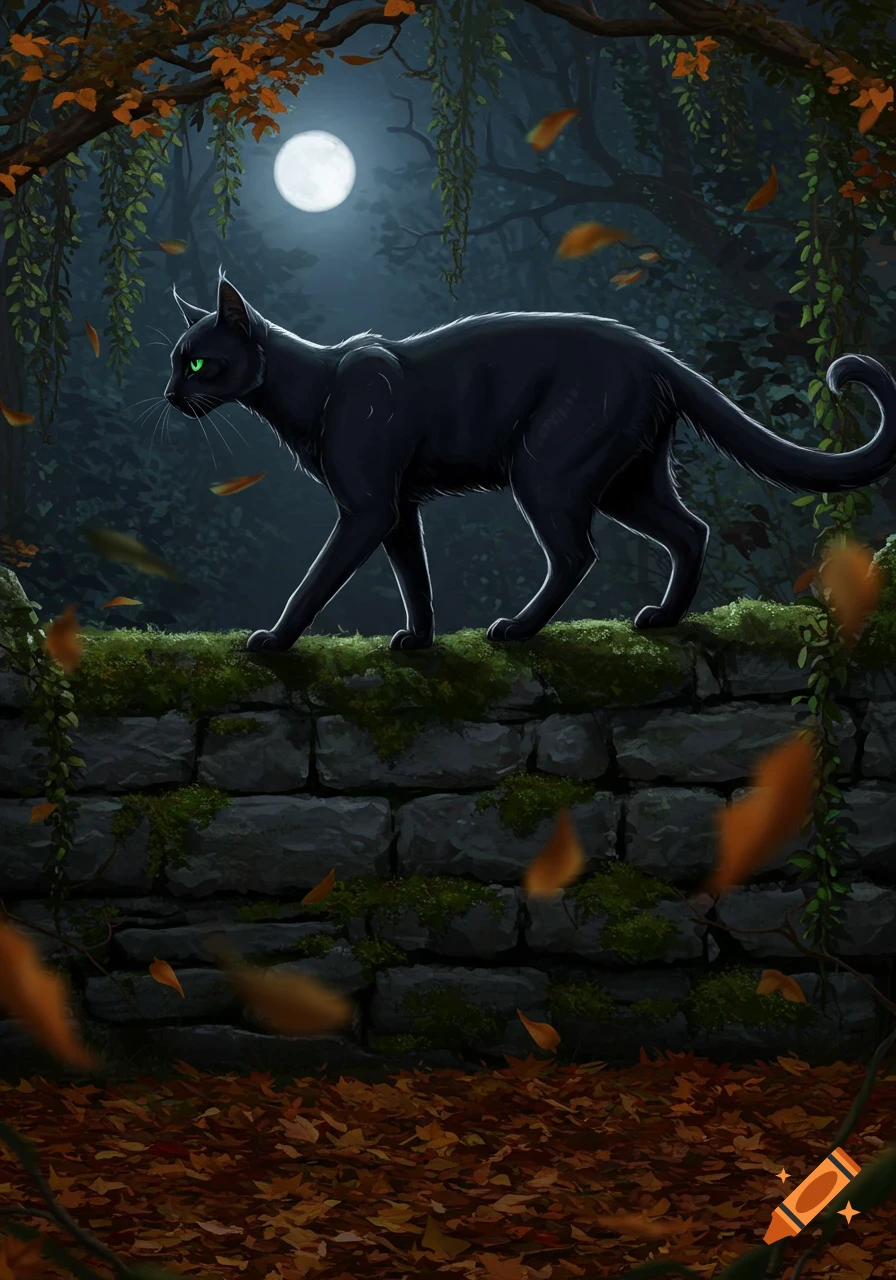 A sleek black cat with glowing green eyes walks along a mossy stone wall under a full moon in a dark forest, with autumn leaves falling.