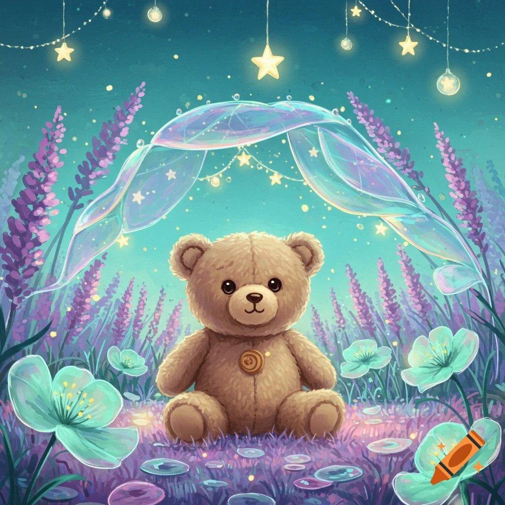 A cute brown teddy bear sits in a field of purple lavender and glowing blue flowers under a translucent canopy with stars.