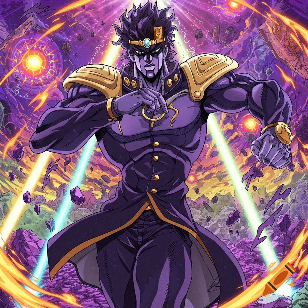 Star Platinum, a muscular man with purple skin and black hair, wearing a dark coat with gold accents, strikes a pose amidst a chaotic purple, orange, and green energy background.