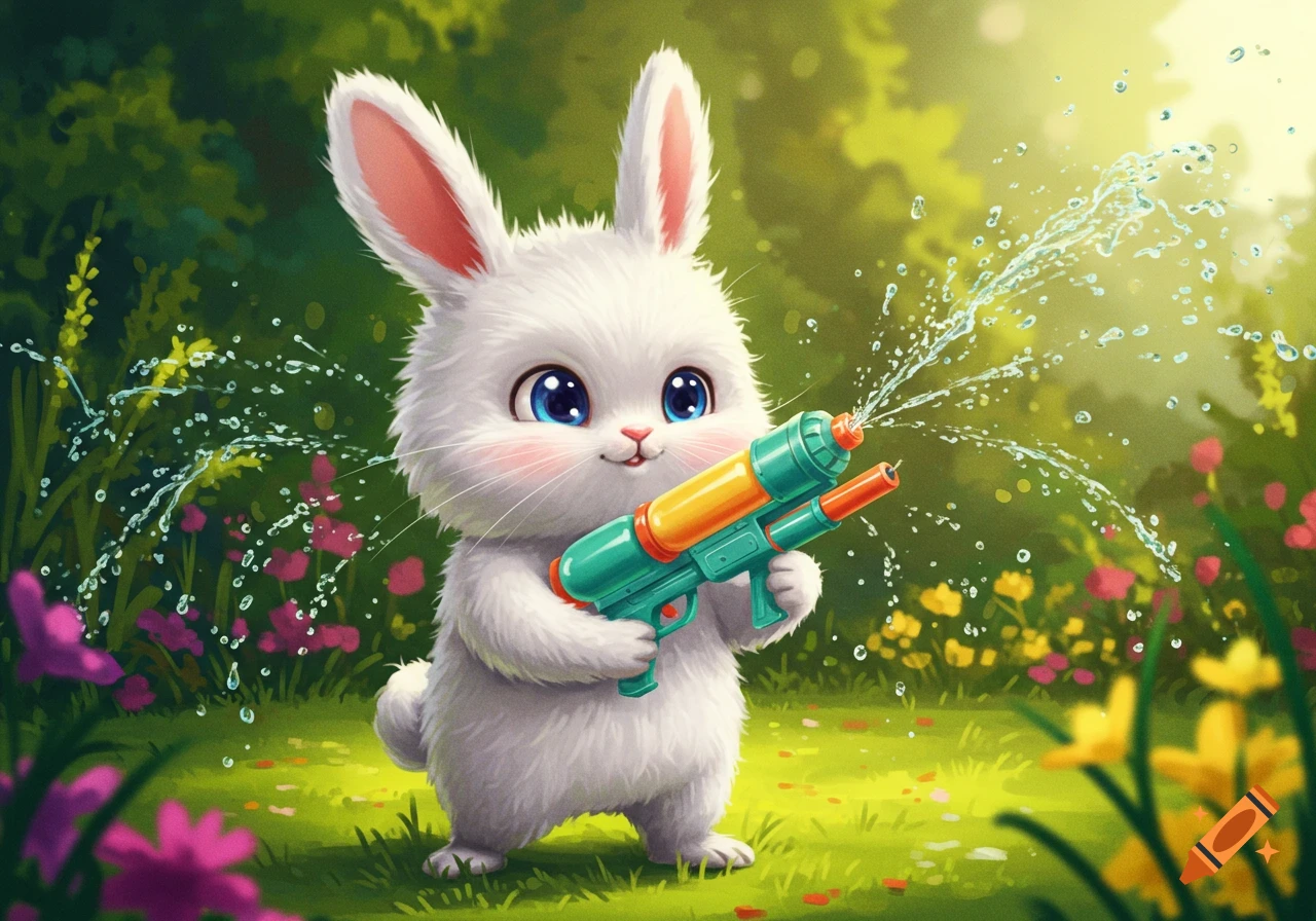 A cute fluffy white rabbit with large blue eyes holds a teal and orange squirt gun, spraying water in a vibrant green garden.