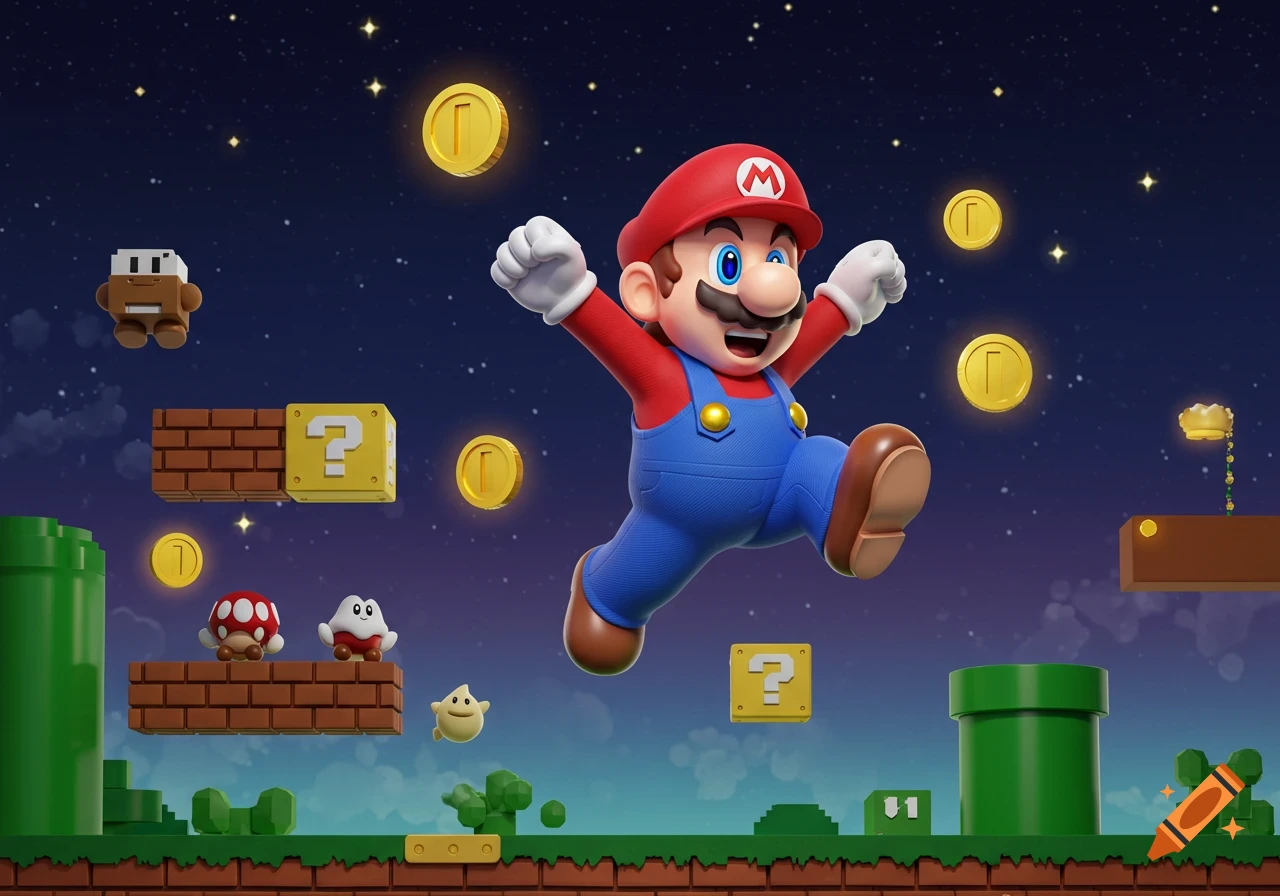 Super Mario jumping among question blocks, coins, and enemies in a stylized nighttime level.