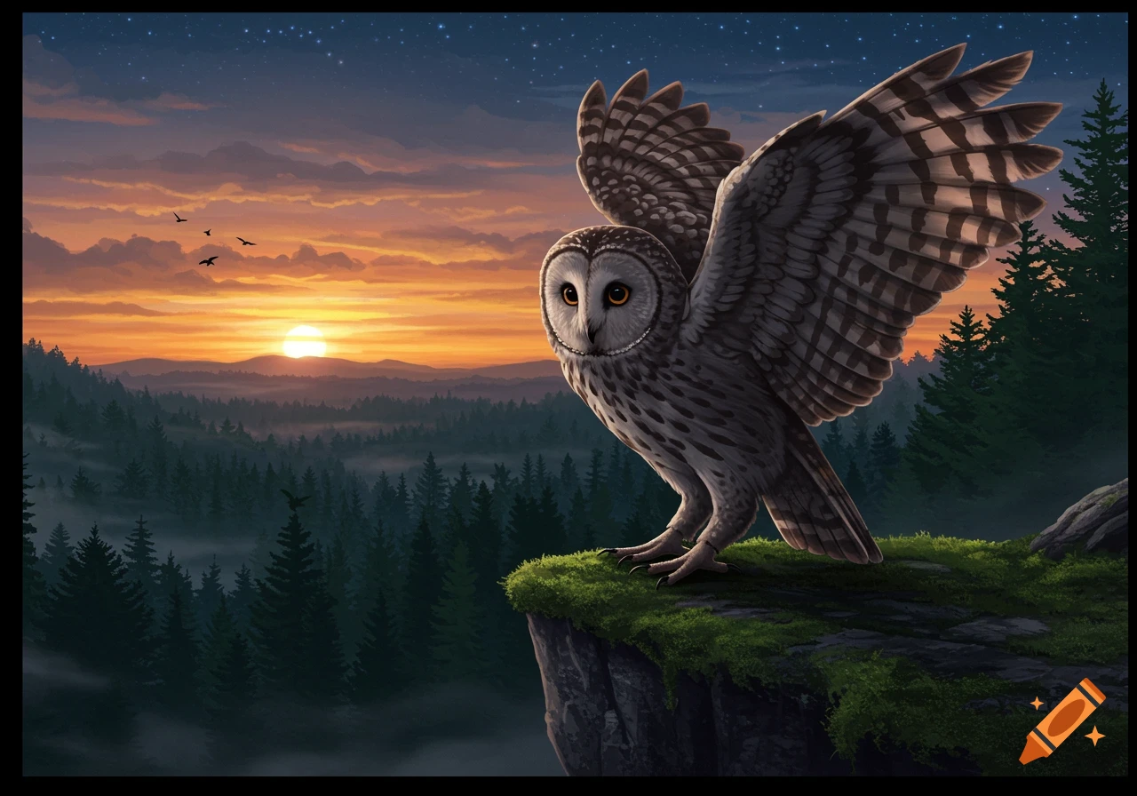 A majestic owl perches on a mossy cliff with outstretched wings, overlooking a misty forest at sunset, digital painting.