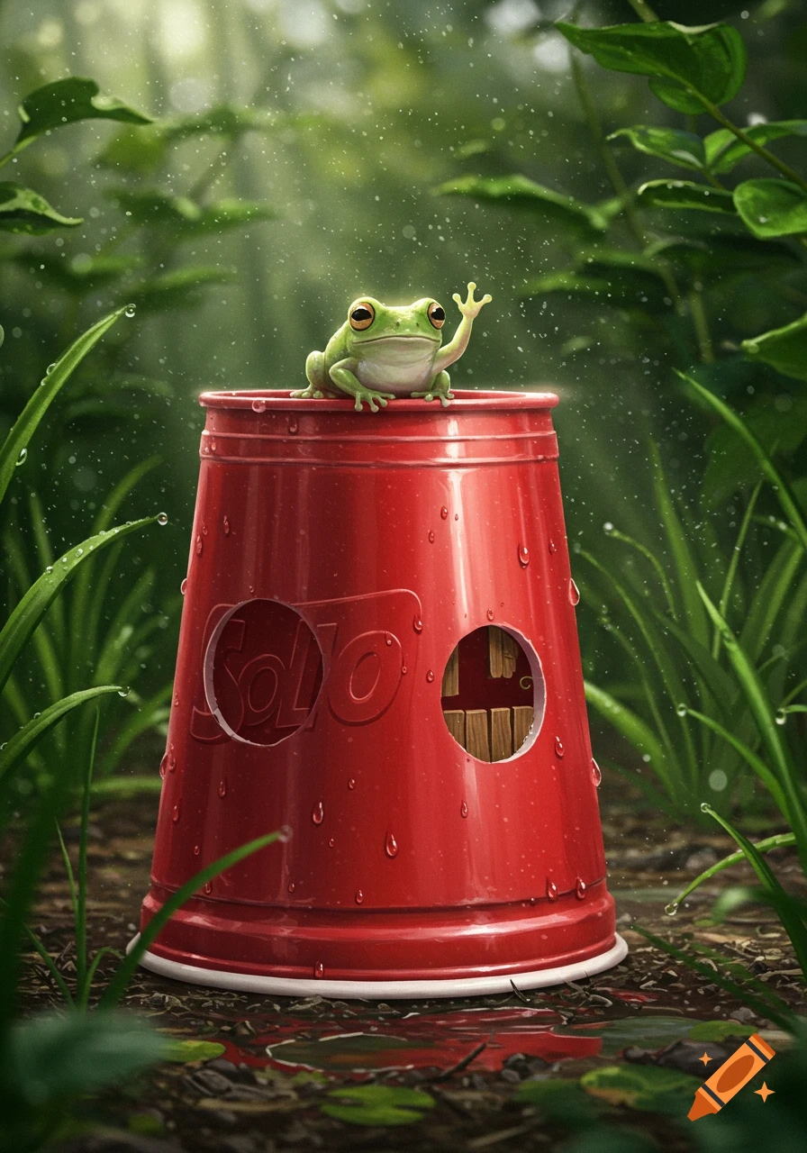 A photorealistic image of a small green frog waving from atop an upside-down red Solo cup with a door and window, surrounded by wet green foliage in the rain.