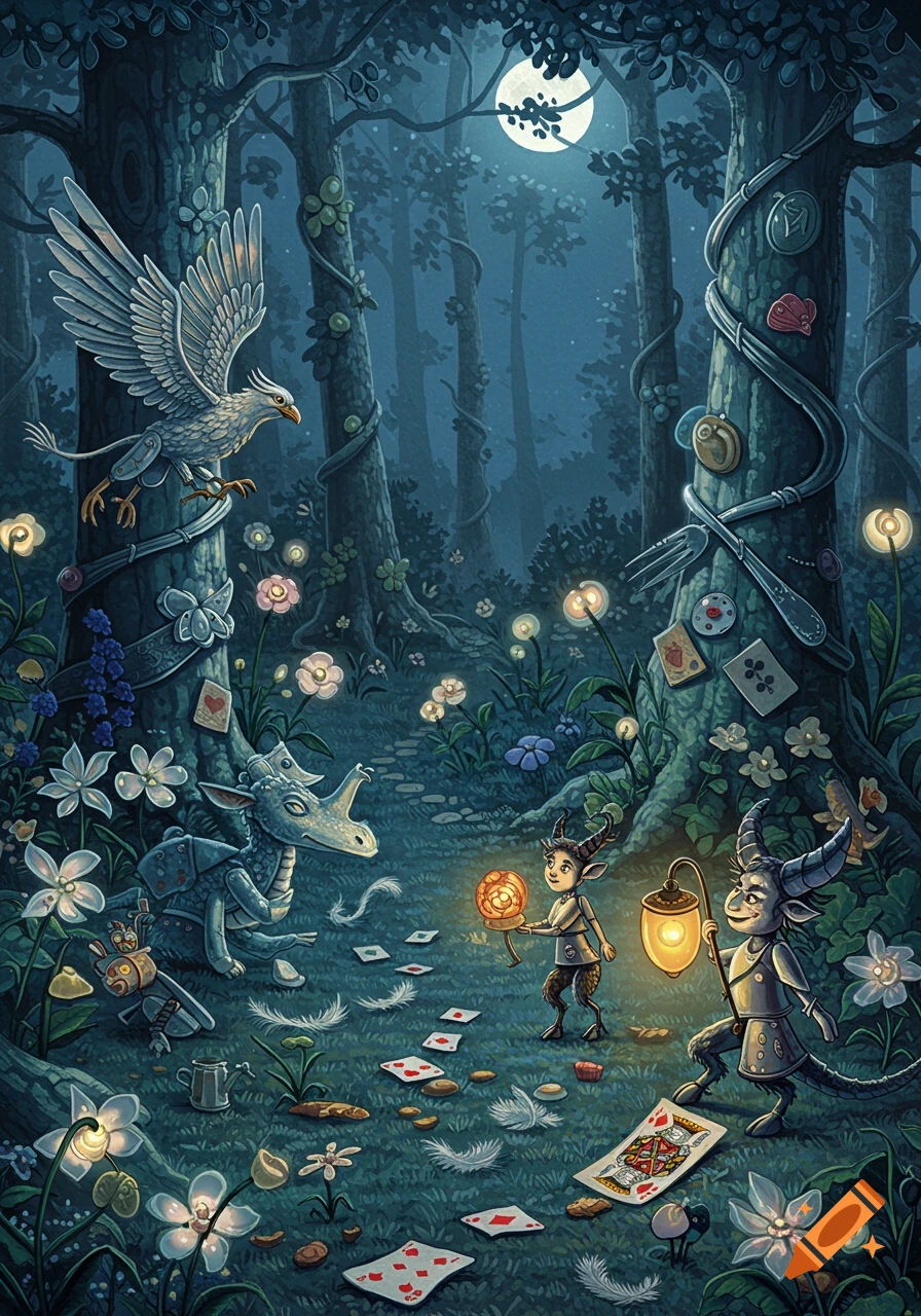 Whimsical fantasy forest scene at night with moonlight. Two horned creatures with lanterns encounter a small dragon and a griffin perched on a tree, surrounded by playing cards and glowing flowers.